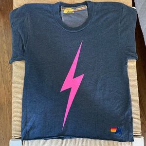 Aviator Nation Cropped Gray T-Shirt with Pink Lightning Bolt